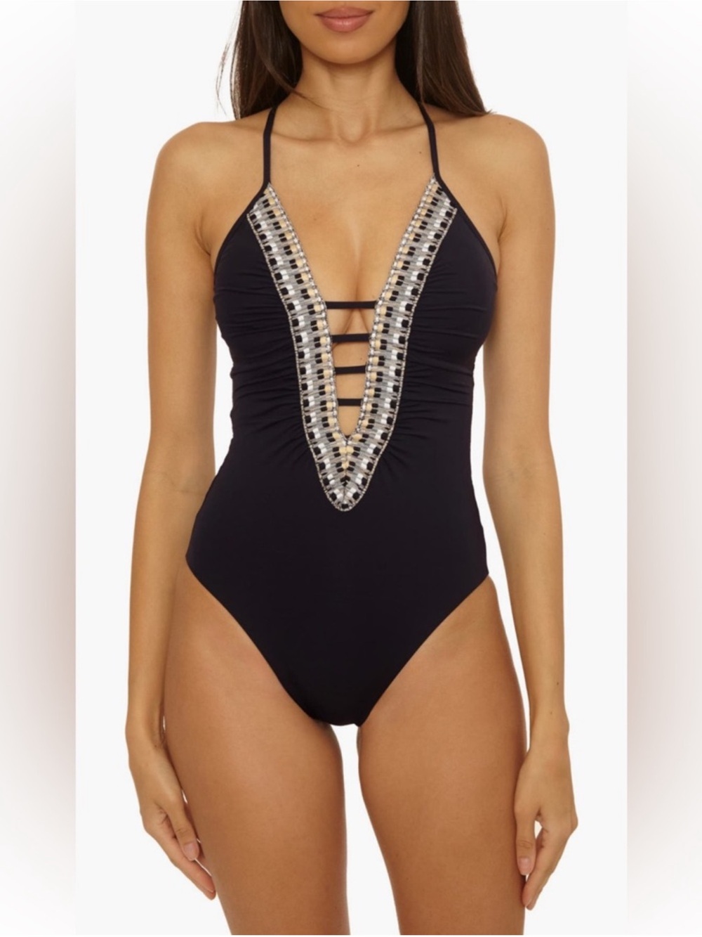 Becca Fiesta Plunge One Piece Swimsuit Black Embellished NWOT S